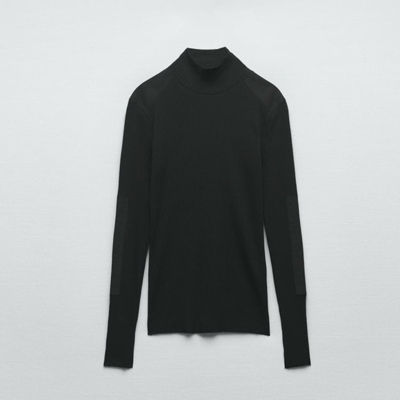 Zara Women Black Combination Turtleneck Long Sleeves Rib Tonal Appliqué Top Sz L - Picture 5 of 17